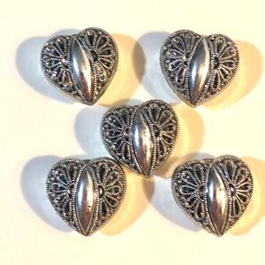 Silver Metal Heart Filigree Button Covers Blouse Shirt Cufflinks Valentine Vtg